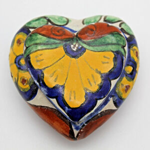 Talavera Trinket Box Folk Art Mexico Heart Terra Cotta Pottery Hand Painted (c)